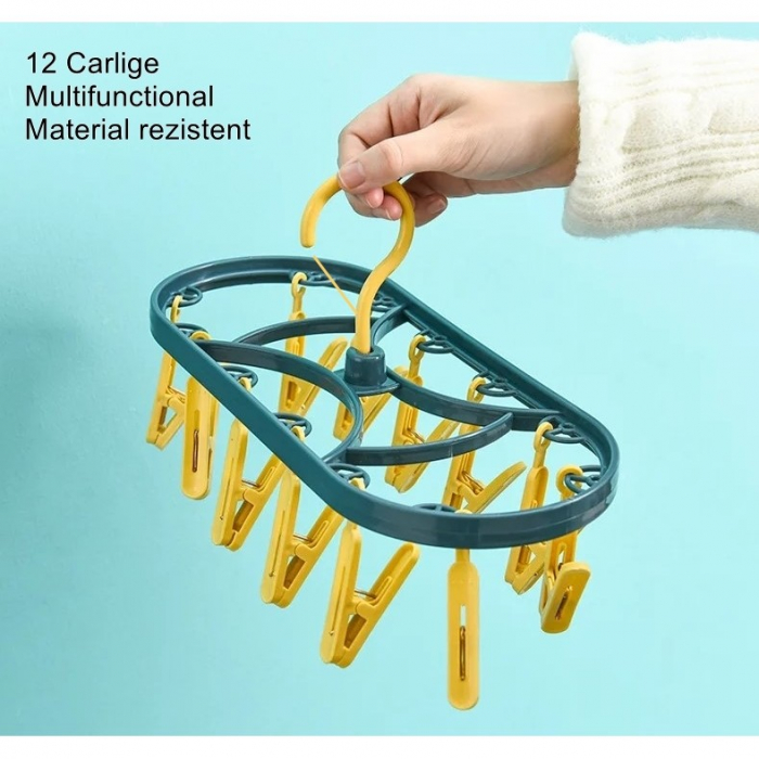 Uscator de Rufe Suspendat Flippy, cu 12 Carlige, Rotire 360 Grade, Protectie Vant, Mateiral Plastic, Usor de Depozitat, Multifunctional, 30 x 12.5 cm, Albastru/Galben [4]