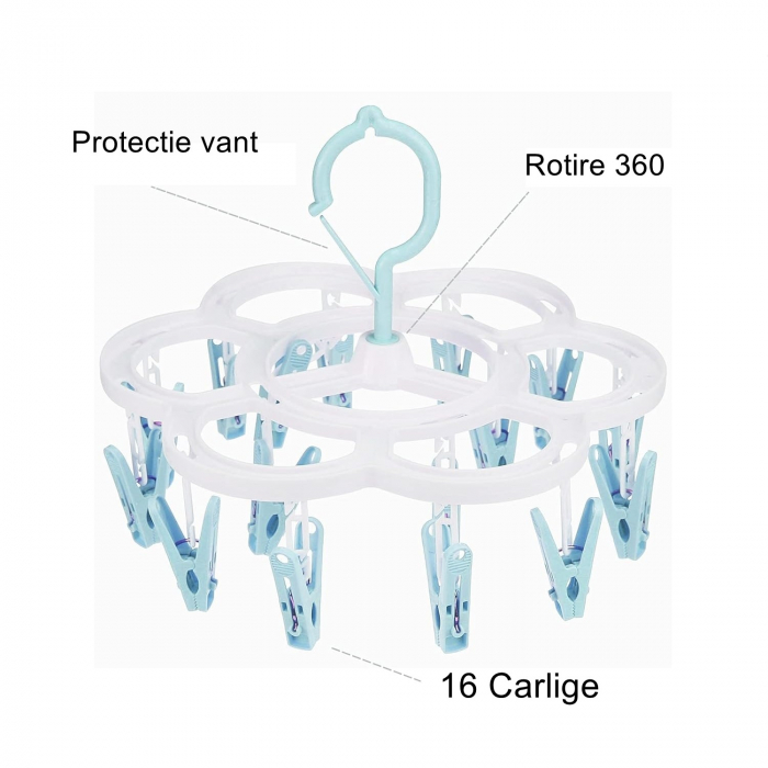 Uscator de Rufe Suspendat Flippy, cu 16 Carlige, Rotire 360 Grade, Mateiral Plastic, Usor de Depozitat, Multifunctional, 26 x 21 cm, Albastru [4]