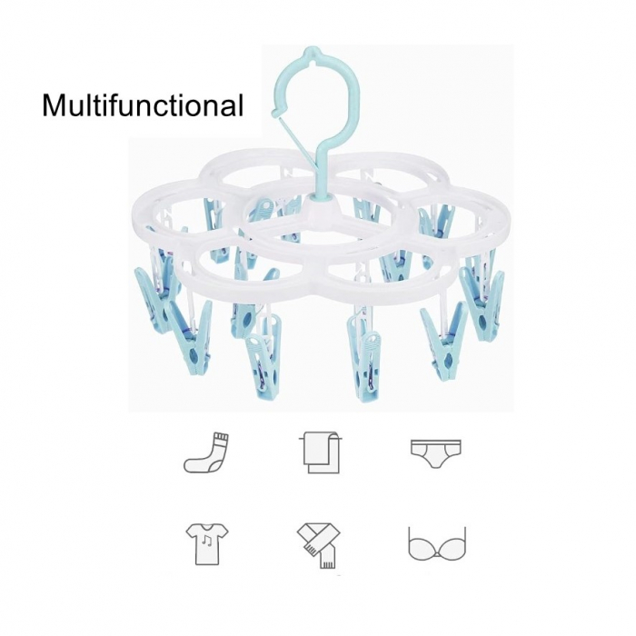 Uscator de Rufe Suspendat Flippy, cu 16 Carlige, Rotire 360 Grade, Mateiral Plastic, Usor de Depozitat, Multifunctional, 26 x 21 cm, Albastru [3]