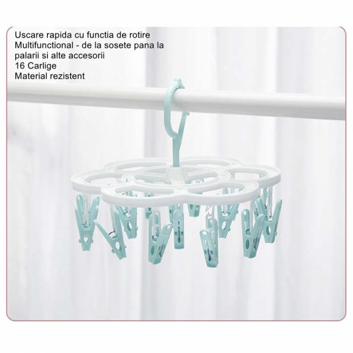 Uscator de Rufe Suspendat Flippy, cu 16 Carlige, Rotire 360 Grade, Mateiral Plastic, Usor de Depozitat, Multifunctional, 26 x 21 cm, Albastru [2]
