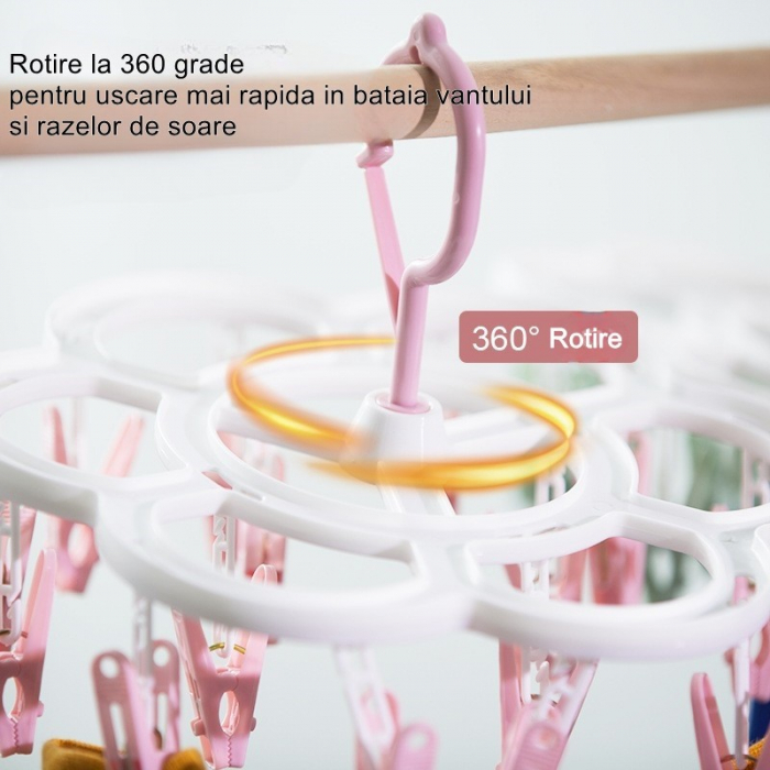Uscator de Rufe Suspendat Flippy, cu 16 Carlige, Rotire 360 Grade, Mateiral Plastic, Usor de Depozitat, Multifunctional, 26 x 21 cm, Roz [2]