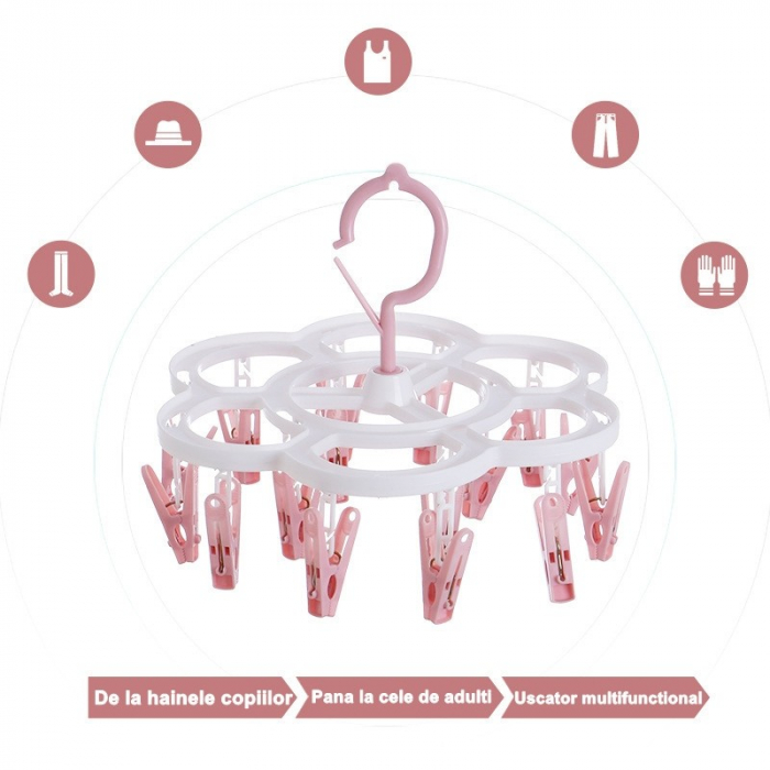 Uscator de Rufe Suspendat Flippy, cu 16 Carlige, Rotire 360 Grade, Mateiral Plastic, Usor de Depozitat, Multifunctional, 26 x 21 cm, Roz [4]