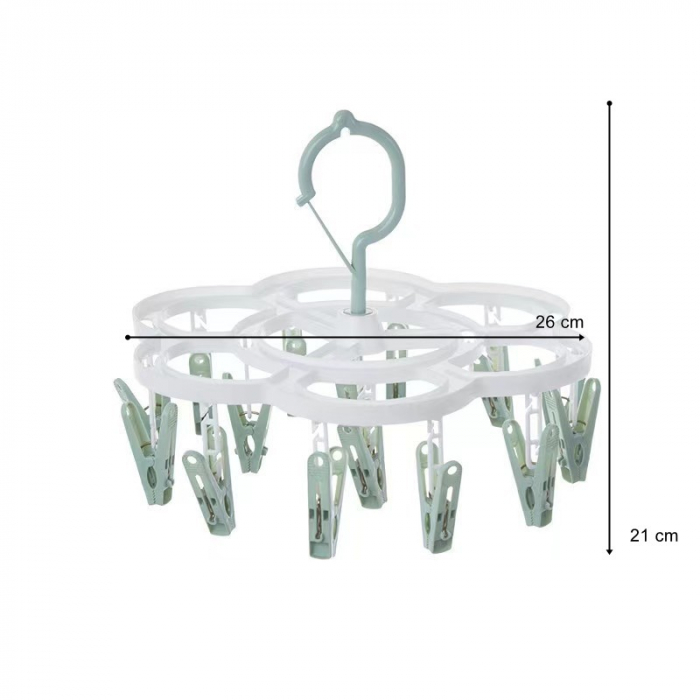 Uscator de Rufe Suspendat Flippy, cu 16 Carlige, Rotire 360 Grade, Mateiral Plastic, Usor de Depozitat, Multifunctional, 26 x 21 cm, Verde [2]