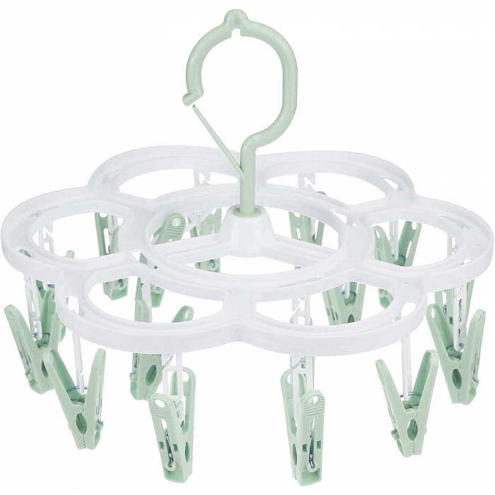 Uscator de Rufe Suspendat Flippy, cu 16 Carlige, Rotire 360 Grade, Mateiral Plastic, Usor de Depozitat, Multifunctional, 26 x 21 cm, Verde [1]