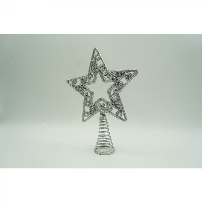 Varf decorativ de brad, Argintiu, in forma de Stea, decupata in centru, din Plastic/Metal, 14 cm x 19 cm, Interior/Exterior, Flippy [3]