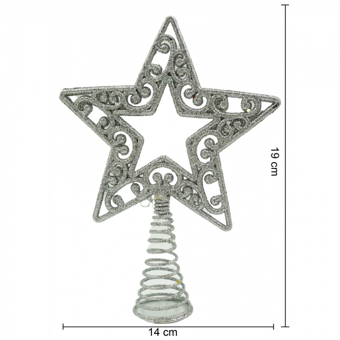 Varf decorativ de brad, Argintiu, in forma de Stea, decupata in centru, din Plastic/Metal, 14 cm x 19 cm, Interior/Exterior, Flippy [6]