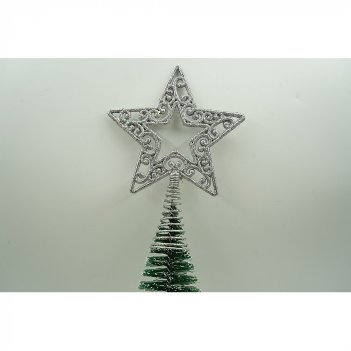 Varf decorativ de brad, Argintiu, in forma de Stea, decupata in centru, din Plastic/Metal, 14 cm x 19 cm, Interior/Exterior, Flippy [7]