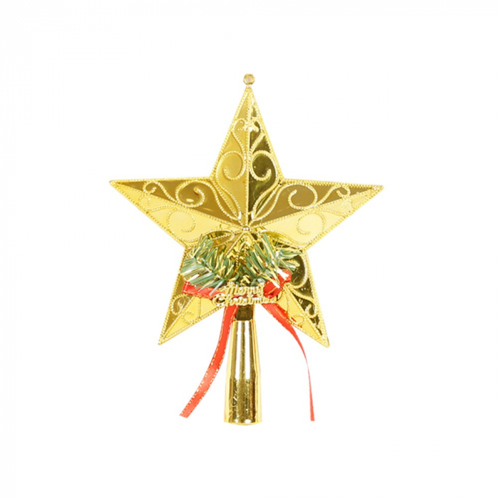 Varf decorativ de brad, Auriu, in forma de Stea, cu decoratiune Merry Christmas, din Plastic, 18.5 x 15 cm, Interior,Exterior, Flippy [1]