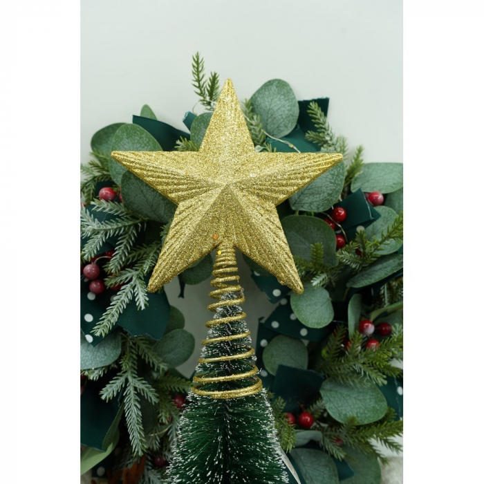 Varf decorativ de brad, Auriu, in forma de Stea, cu design in relief, din Plastic/Metal, 15.5 cm x 20.5 cm, Interior/Exterior, Flippy [7]