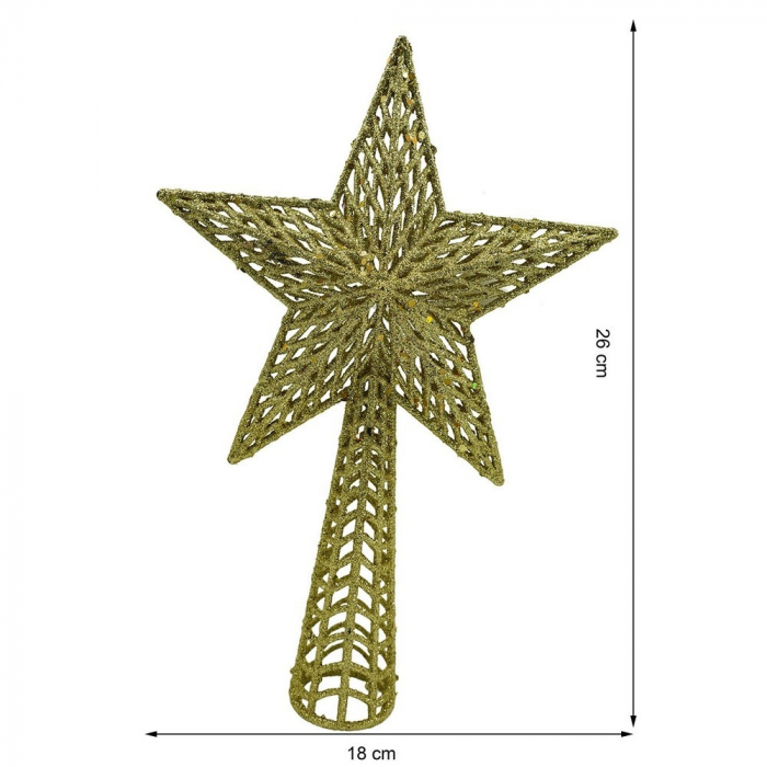 Varf decorativ de brad, Auriu, in forma de Stea, cu model decupat, din Plastic/Metal, 18 cm x 26 cm, Interior/Exterior, Flippy [11]