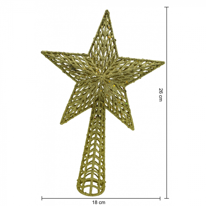 Varf decorativ de brad, Auriu, in forma de Stea, cu model decupat, din Plastic/Metal, 18 cm x 26 cm, Interior/Exterior, Flippy [6]