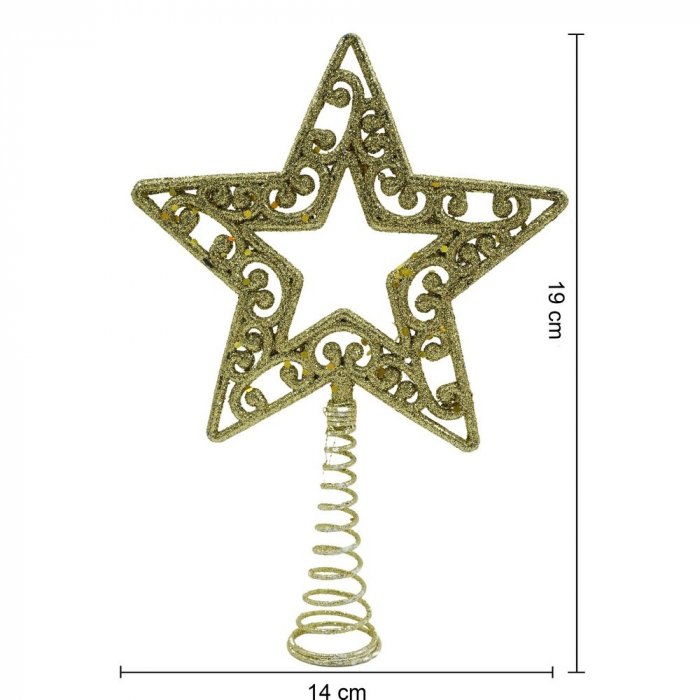 Varf decorativ de brad, Auriu, in forma de Stea, decupata in centru, din Plastic/Metal, 14 cm x 19 cm, Interior/Exterior, Flippy [10]