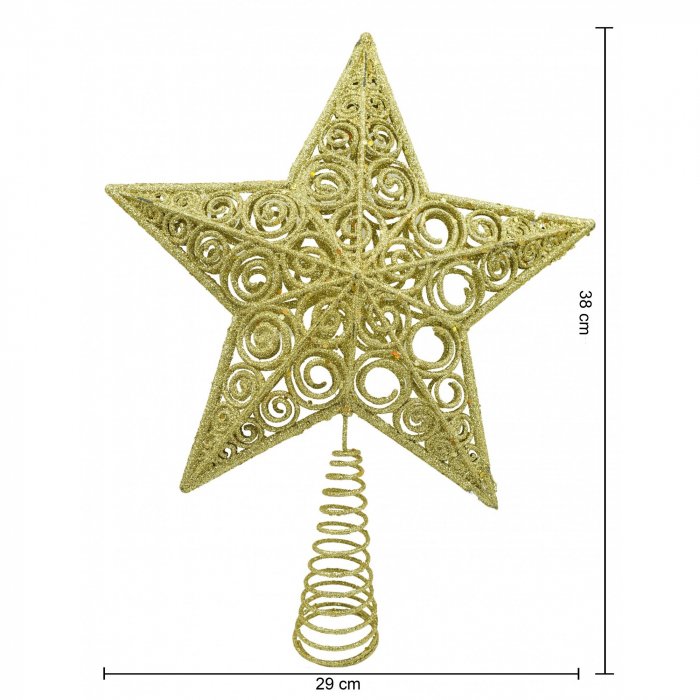Varf decorativ de brad, Auriu, in forma de Stea, design spiralat, din Plastic/Metal, 29 cm x 38 cm, Interior/Exterior, Flippy [6]