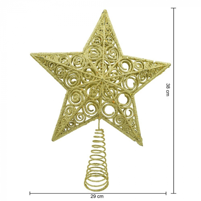 Varf decorativ de brad, Auriu, in forma de Stea, design spiralat, din Plastic/Metal, 29 cm x 38 cm, Interior/Exterior, Flippy [11]