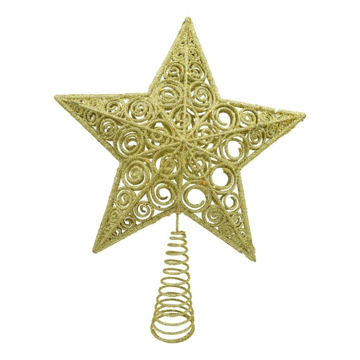 Varf decorativ de brad, Auriu, in forma de Stea, design spiralat, din Plastic/Metal, 29 cm x 38 cm, Interior/Exterior, Flippy [1]