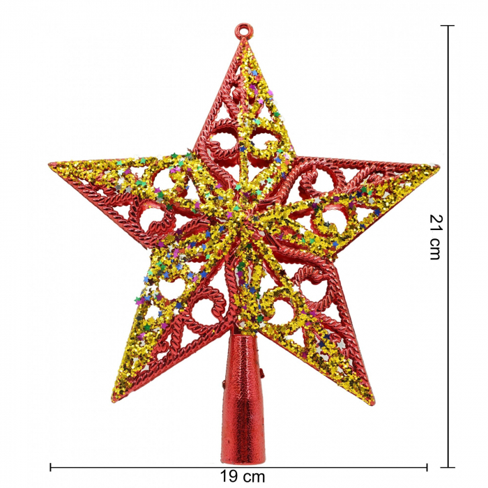 Varf decorativ de brad, Rosu/ Auriu, in forma de Stea, design spiralat, din Plastic, 19 cm x 21 cm, Interior/Exterior, Flippy [3]