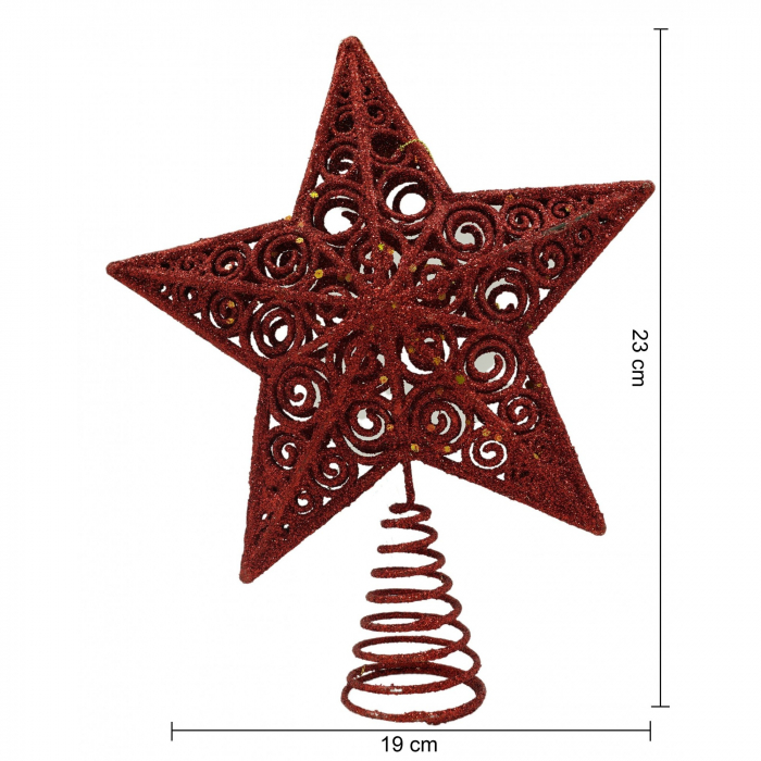 Varf decorativ de brad, Rosu, in forma de Stea, design spiralat, din Plastic/Metal, 19 cm x 23 cm, Interior/Exterior, Flippy [6]