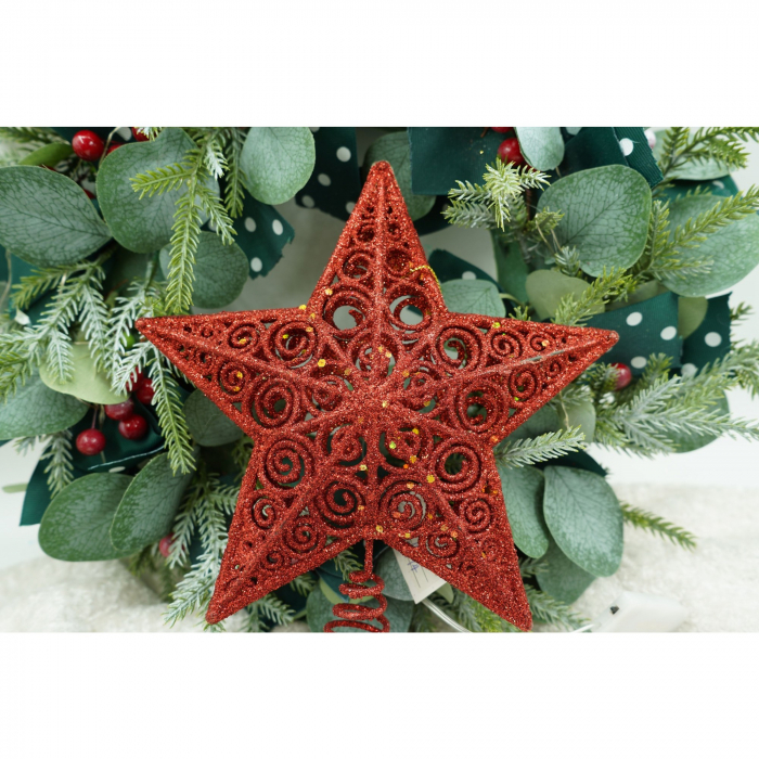 Varf decorativ de brad, Rosu, in forma de Stea, design spiralat, din Plastic/Metal, 19 cm x 23 cm, Interior/Exterior, Flippy [5]