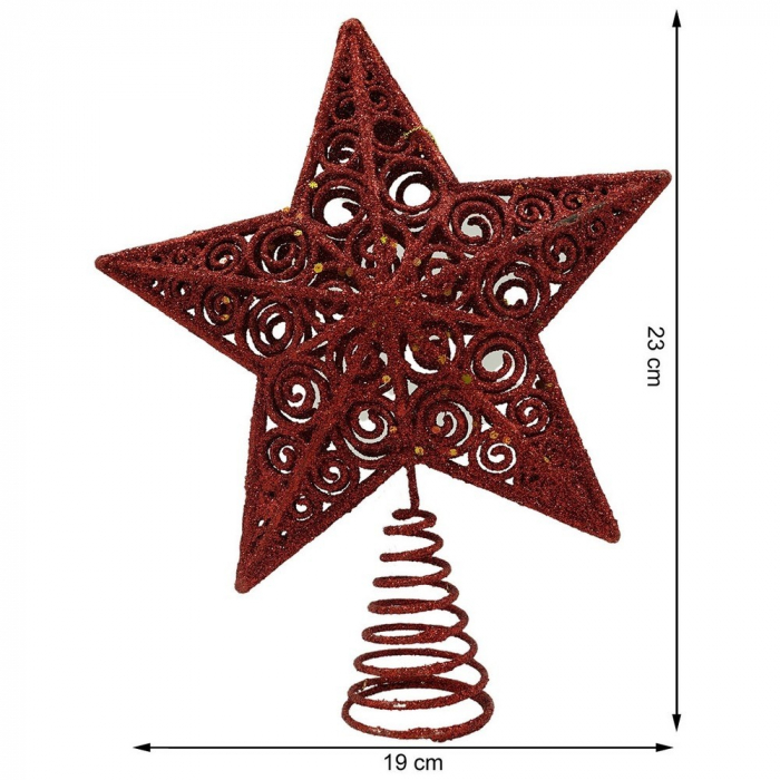 Varf decorativ de brad, Rosu, in forma de Stea, design spiralat, din Plastic/Metal, 19 cm x 23 cm, Interior/Exterior, Flippy [11]