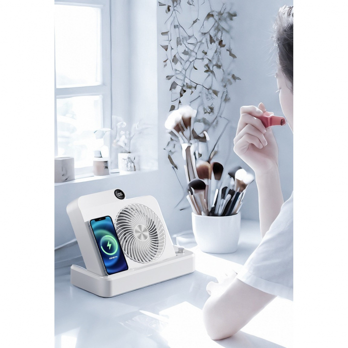 Ventilator 2in1, Flippy, Functie Incarcare Telefon Wireless, 100 Trepte de Viteza, 2400 mAh, 5V, 2A, 25 x 16.5 x 24 cm, Alb [6]