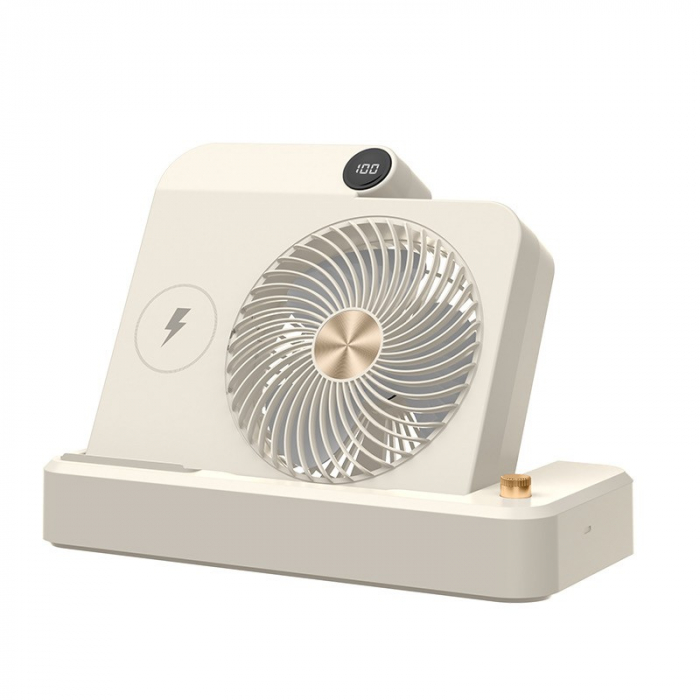 Ventilator 2in1, Flippy, Functie Incarcare Telefon Wireless, 100 Trepte de Viteza, 2400 mAh, 5V, 2A, 25 x 16.5 x 24 cm, Bej [2]