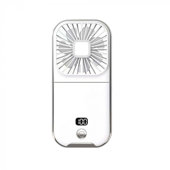 Ventilator Portabil Flippy, 3 in 1, de Mana, de Gat, de Birou, 16.7 x 8 x 1.9 cm, 3 Trepte de Viteza, Incarcare USB, Pliabil, Afisaj Digital, Suport Telefon, Alb [1]