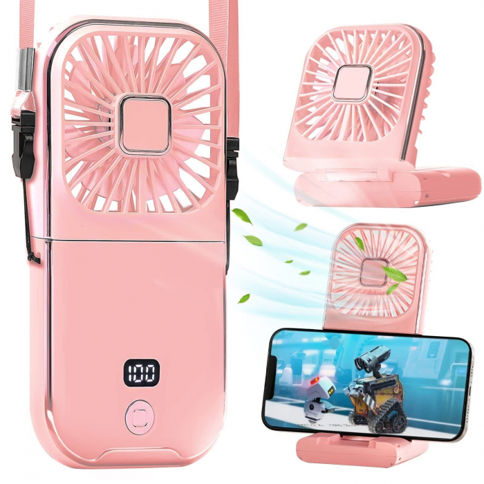 Ventilator Portabil Flippy, 3 in 1, de Mana, de Gat, de Birou, 16.7 x 8 x 1.9 cm, 3 Trepte de Viteza, Incarcare USB, Pliabil, Afisaj Digital, Suport Telefon, Roz [1]