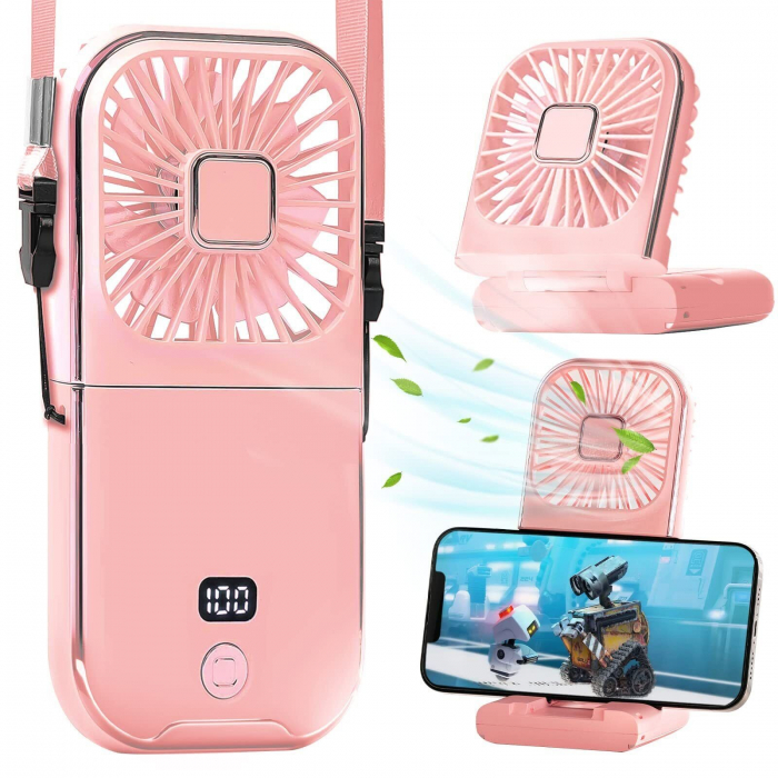 Ventilator Portabil Flippy, 3 in 1, de Mana, de Gat, de Birou, 16.7 x 8 x 1.9 cm, 3 Trepte de Viteza, Incarcare USB, Pliabil, Afisaj Digital, Suport Telefon, Roz [3]