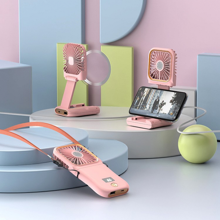 Ventilator Portabil Flippy, 3 in 1, de Mana, de Gat, de Birou, 16.7 x 8 x 1.9 cm, 3 Trepte de Viteza, Incarcare USB, Pliabil, Afisaj Digital, Suport Telefon, Roz [4]