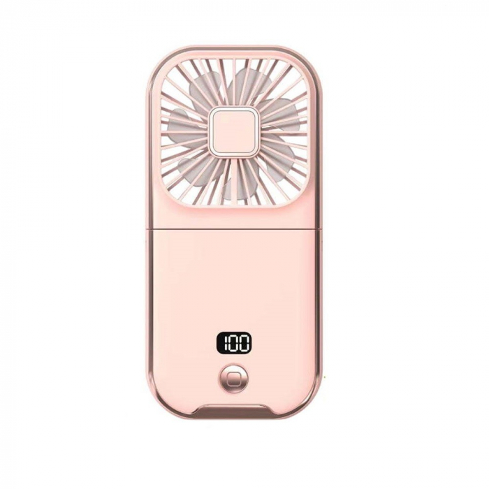 Ventilator Portabil Flippy, 3 in 1, de Mana, de Gat, de Birou, 16.7 x 8 x 1.9 cm, 3 Trepte de Viteza, Incarcare USB, Pliabil, Afisaj Digital, Suport Telefon, Roz [2]
