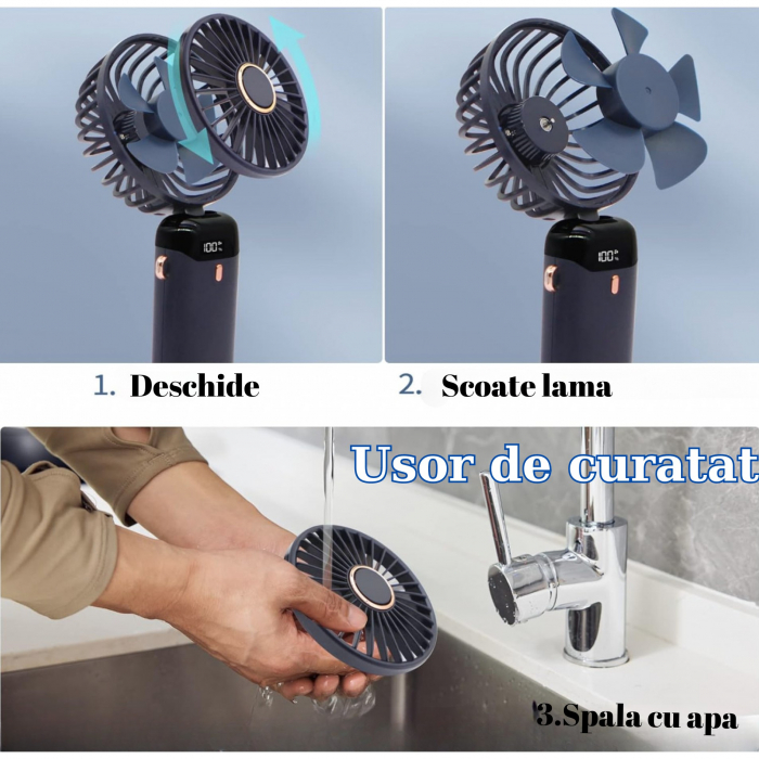 Ventilator Ultra Portabil cu Aromaterapie, Flippy, 3 in 1, de Mana, de Birou, de Gat, 5 Trepte de Viteza, Incarcare USB, Autonomie 12h, Pliabil, cu Ecran LCD, Albastru [5]