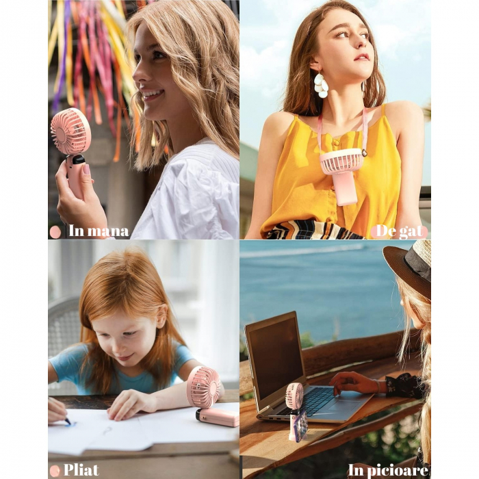 Ventilator Ultra Portabil cu Aromaterapie, Flippy, 3 in 1, de Mana, de Birou, de Gat, 5 Trepte de Viteza, Incarcare USB, Autonomie 12h, Pliabil, cu Ecran LCD, Roz [3]