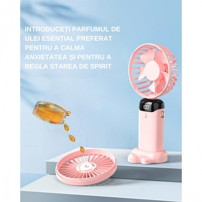 Ventilator Ultra Portabil cu Aromaterapie, Flippy, 3 in 1, de Mana, de Birou, de Gat, 5 Trepte de Viteza, Incarcare USB, Autonomie 12h, Pliabil, cu Ecran LCD, Roz [5]
