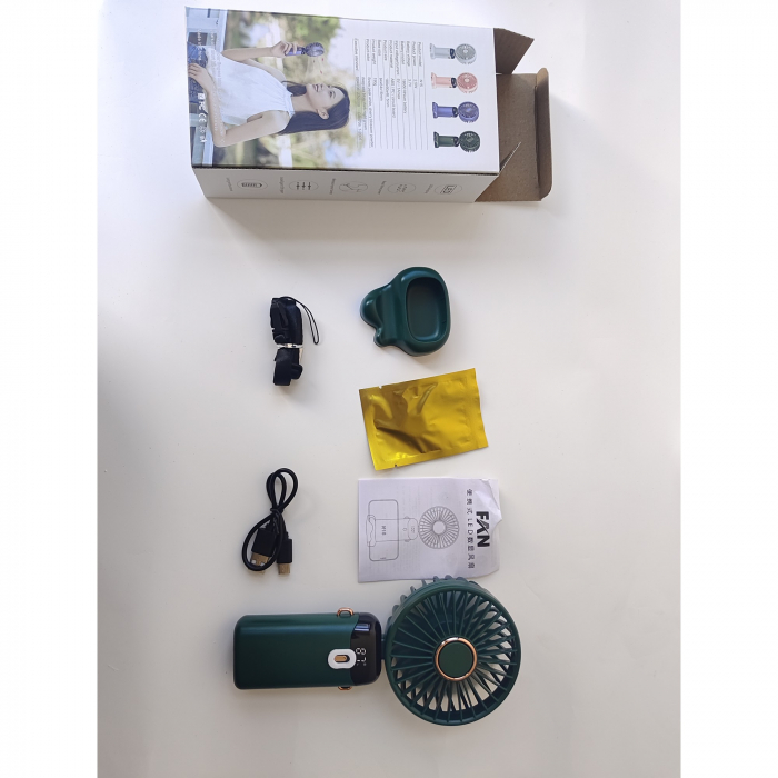 Ventilator Ultra Portabil cu Aromaterapie, Flippy, 3 in 1, de Mana, de Birou, de Gat, 5 Trepte de Viteza, Incarcare USB, Autonomie 12h, Pliabil, cu Ecran LCD, Verde [9]