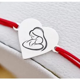 Bijuterii argint - Bratara Martisor, Jolie Silver, Model Mama Si Copil, Inima, Argint 925, Snur Textil Rosu, 7.5 x 4.5 cm, Argintiu