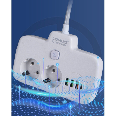 Adaptor Priza, Flippy, 6 in 1, 2 Prize Standard, 3 Porturi USB, 1 Port Tip C, Buton Oprire, 2500W, din PC, Alb [2]