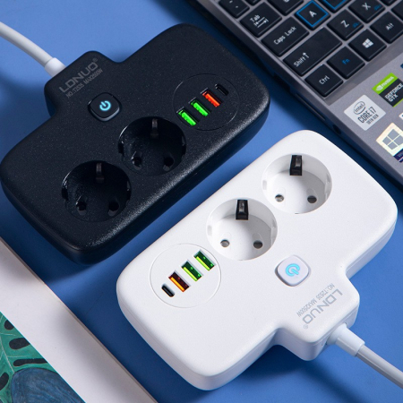Adaptor Priza, Flippy, 6 in 1, 2 Prize Standard, 3 Porturi USB, 1 Port Tip C, Buton Oprire, 2500W, din PC, Alb [3]