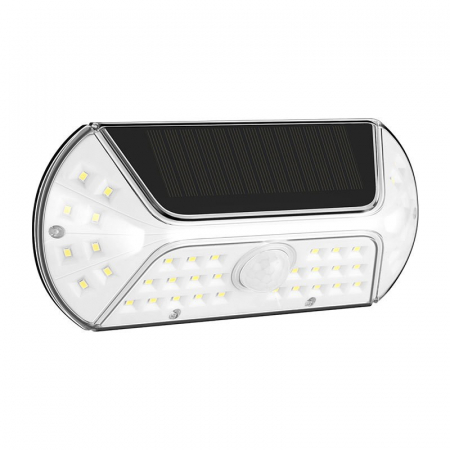 Iluminat & electrice - Aplica solara LED SMD pentru perete Flippy, cu senzor de miscare, dreptunghiulara, IP44, luminozitate mare 40 LED-uri, 3.7V, 1200mah, autonomie 8 ore, 19.2 x 8.9 cm, alb rece
