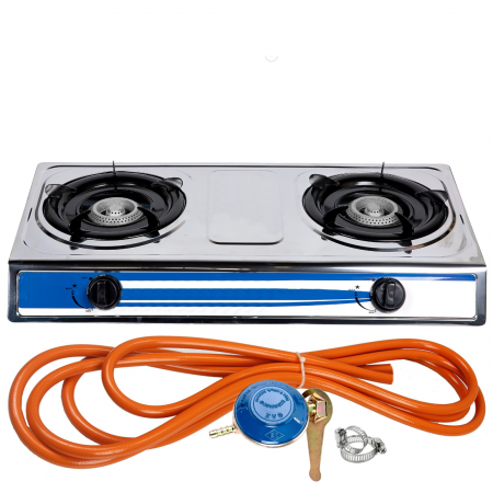 Plite & aragaze - Aragaz din inox, 2 ochiuri, aprindere pe quartz + Kit reglabil gpl RH-10 + Tub flex 2M+2 Coliere
