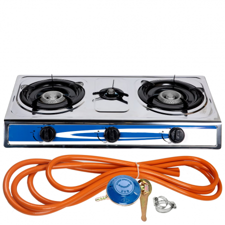 Plite & aragaze - Aragaz din inox, 3 ochiuri, aprindere pe quartz + Kit reglabil gpl RH-10 + Tub flex 2M+2 Coliere