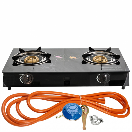 Plite & aragaze - Aragaz din sticla securizata, 2 ochiuri, aprindere pe quartz + Kit reglabil gpl RH-10 + Tub flex 2M+2 Coliere