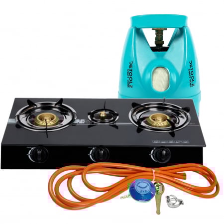 Plite & aragaze - Aragaz din sticla securizata, 3 ochiuri, aprindere pe quartz + Kit reglabil gpl RH-10 + Tub flex 2M+2 Coliere + Butelie 5L