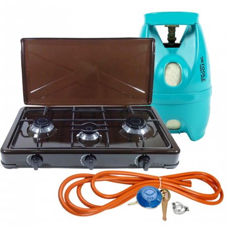 Plite & aragaze - Aragaz emailat maro, 3 ochiuri + Kit reglabil gpl RH-10 + Tub flex 2M+2 Coliere + Butelie 5L