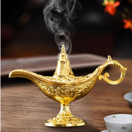 Arzator Tamaie, Flipppy, Model Lampa Aladin, Aliaj, Dimensiune Mica, cu Maner si Capac, Lampa Decorativa Vintage, 3.2 x 9 x 6 cm, Auriu [1]