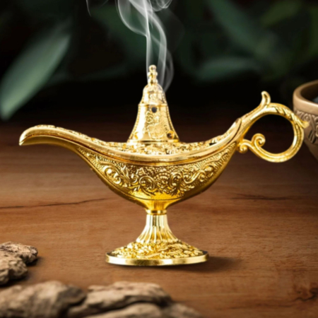 Arzator Tamaie, Flipppy, Model Lampa Aladin, Aliaj, Dimensiune Mica, cu Maner si Capac, Lampa Decorativa Vintage, 3.2 x 9 x 6 cm, Auriu [2]