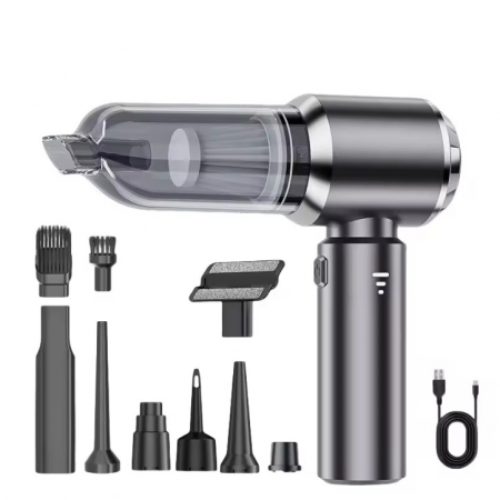 Pentru Casa si Camping - Aspirator Portabil Auto, Flippy, pentru Casa si Masina, 3 Viteze, Incarcator Tip-C cu Incarcare Rapida, Tub Prelungitor, 2000mAh, 7 Capete de Aspirare si Suflare, 21x20x6.5 cm, Negru