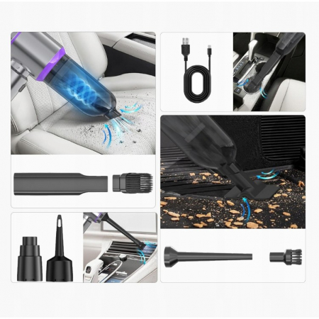 Aspirator Portabil Auto, Flippy, pentru Casa si Masina, 3 Viteze, Incarcator Tip-C cu Incarcare Rapida, Tub Prelungitor, 2000mAh, 7 Capete de Aspirare si Suflare, 21x20x6.5 cm, Argintiu Mov [3]