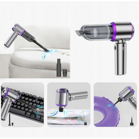 Aspirator Portabil Auto, Flippy, pentru Casa si Masina, 3 Viteze, Incarcator Tip-C cu Incarcare Rapida, Tub Prelungitor, 2000mAh, 7 Capete de Aspirare si Suflare, 21x20x6.5 cm, Argintiu Mov [4]