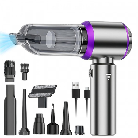 Pentru Casa si Camping - Aspirator Portabil Auto, Flippy, pentru Casa si Masina, 3 Viteze, Incarcator Tip-C cu Incarcare Rapida, Tub Prelungitor, 2000mAh, 7 Capete de Aspirare si Suflare, 21x20x6.5 cm, Argintiu Mov