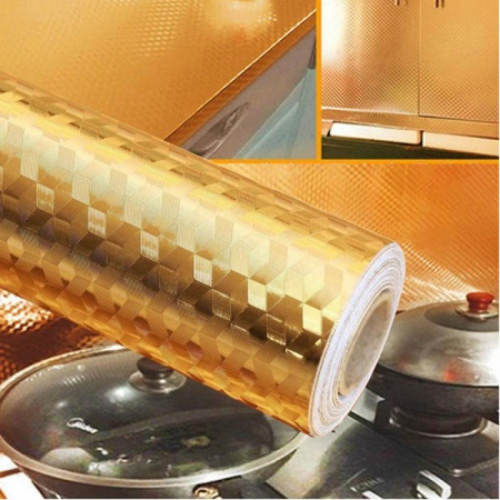 Autocolant de Bucatarie, Flippy, Autoadeziv, Impermeabil, Rezistent la Temperaturi Ridicate, din PVC, 60 x 100 cm, Model Cub 3D, Auriu [1]